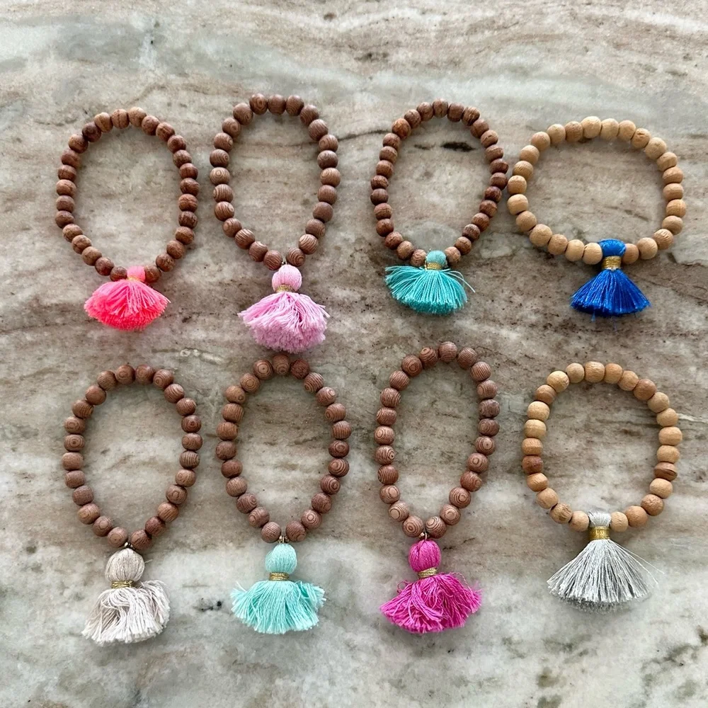 Set of 8 Wood Beaded Colorful Tassel Bracelets - Beach / Boho / Vacation